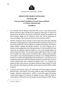 OPINION OF THE EUROPEAN CENTRAL BANK of 18 December 2002 at the request of the French Minister of Economy, Finance and Industry on a draft law on financial security (CON[removed])