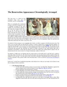   The Resurrection Appearances Chronologically Arranged   This blog post is a follow-up from yesterday’s blog. You can read
