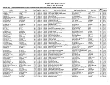 Post Plan Public Meeting Schedule Week of: July[removed], 2014 *Important Note: These schedules are subject to change. Customers should confirm details with their individual Post Office. Office