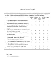 Posttraumatic Adjustment Scale (PAS)  This questionnaire asks you questions that relate to factors that occurred before, during or after the event that caused your injuries. Circle the response that best describes how mu