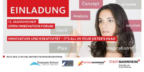 12. MANNHEIMER OPEN INNOVATION FORUM INNOVATION UND KREATIVITÄT – IT’S ALL IN YOUR SISTER’S HEAD, 17:30 UHR, MAFINEX-TECHNOLOGIEZENTRUM