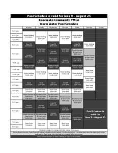 Pool Schedule is valid for June 9 - August 25 Kosciusko Community YMCA Warm Water Pool Schedule Monday  Tuesday