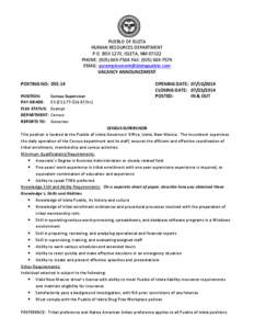 PUEBLO OF ISLETA HUMAN RESOURCES DEPARTMENT P.O. BOX 1270, ISLETA, NM[removed]PHONE: ([removed]FAX: ([removed]EMAIL: [removed] VACANCY ANNOUNCEMENT