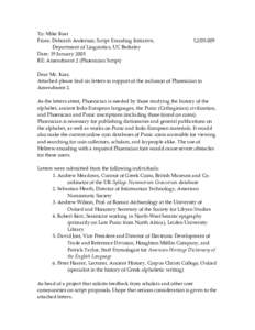 To: Mike Ksar From: Deborah Anderson, Script Encoding Initiative, Department of Linguistics, UC Berkeley Date: 19 January 2005 RE: Amendment 2 (Phoenician Script)