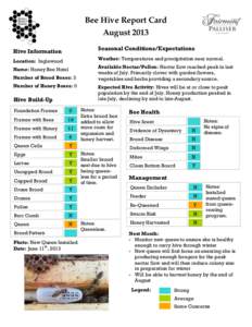 Bee Hive Report Card August 2013 Seasonal Conditions/Expectations Hive Information Location: Inglewood