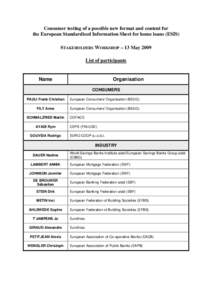 List of participants, Stakeholder Workshop on ESIS, 13 May 2009