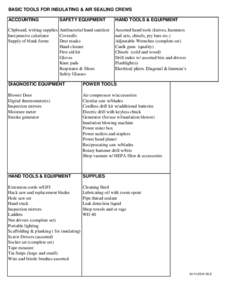 BASIC TOOLS FOR INSULATING & AIR SEALING CREWS ACCOUNTING SAFETY EQUIPMENT  Clipboard, writing supplies Antibacterial hand sanitizer