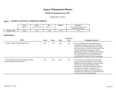 Agency Management Report KPMs For Reporting Year 2010 Finalize Date: [removed]Agency:  STUDENT ASSISTANCE COMMISSION, OREGON