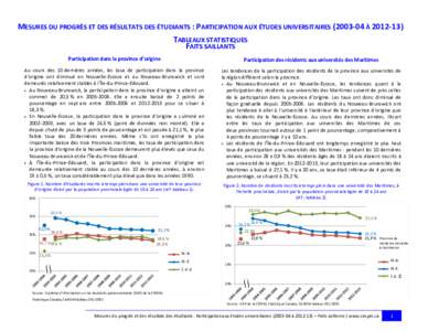 MESURES DU PROGRÈS ET DES RÉSULTATS DES ÉTUDIANTS : PARTICIPATION AUX ÉTUDES UNIVERSITAIRES[removed] À [removed]TABLEAUX STATISTIQUES FAITS SAILLANTS Participation dans la province d’origine  Participation des ré