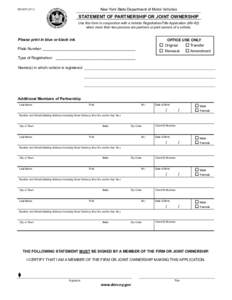 New York State Department of Motor Vehicles  MV-83T[removed]STATEMENT OF PARTNERSHIP OR JOINT OWNERSHIP Use this form in conjunction with a Vehicle Registration/Title Application (MV-82)
