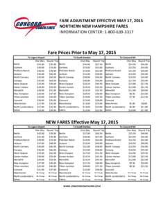 FARE ADJUSTMENT EFFECTIVE MAY 17, 2015 NORTHERN NEW HAMPSHIRE FARES INFORMATION CENTER: Fare Prices Prior to May 17, 2015 To Logan Airport