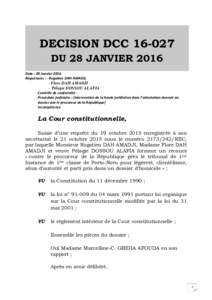 DECISION DCCDU 28 JANVIER 2016 Date : 28 Janvier 2016 Requérants : - Rogatien DAH AMADJI,  - Flore DAH AMADJI
