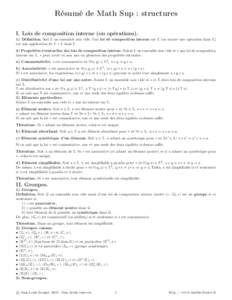 Résumé de Math Sup : structures I. Lois de composition interne (ou opérations). 1) Définition. Soit E un ensemble non vide. Une loi de composition interne sur E (ou encore une opération dans E) est une application d