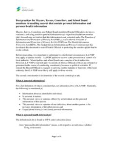 Best practices for Mayors, Reeves, Councilors, and School Board members in handling records that contain personal information and personal health information Mayors, Reeves, Councilors, and School Board members (Elected 