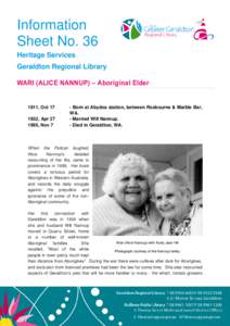 Information Sheet No. 36 Heritage Services Geraldton Regional Library WARI (ALICE NANNUP) – Aboriginal Elder