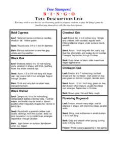 Tree Stumpers!  B·I·N·G·O T REE D ESCRIPTION L IST You may wish to use this list as a learning guide to prepare students to play the Bingo game by familiarizing themselves with the tree descriptions.