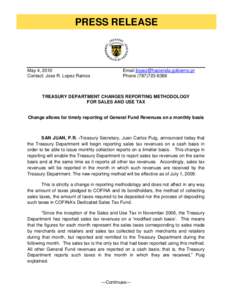 PRESS RELEASE  May 4, 2010 Contact: Jose R. Lopez Ramos  Email [removed]