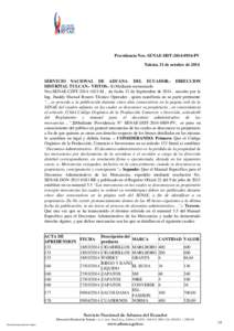 Providencia Nro. SENAE-DDTPV Tulcán, 31 de octubre de 2014 SERVICIO NACIONAL DE ADUANA DEL ECUADOR.- DIRECCION DISTRITAL TULCAN.- VISTOS.- 1) Mediante memorando Nro.SENAE-CZPTM , de fecha 12 de Sep