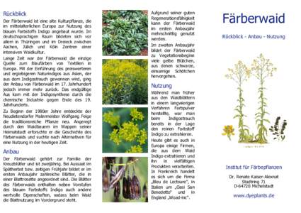 Rückblick Der Färberwaid ist eine alte Kulturpflanze, die im mittelalterlichen Europa zur Nutzung des blauen Farbstoffs Indigo angebaut wurde. Im deutschsprachigen Raum bildeten sich vor allem in Thüringen und im Drei