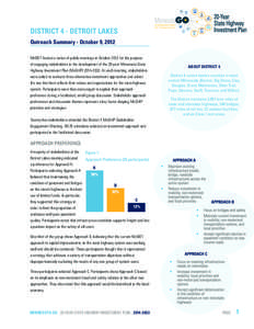 DISTRICT 4 - DETROIT LAKES Outreach Summary - October 9, 2012 MnDOT hosted a series of public meetings in October 2012 for the purpose of engaging stakeholders in the development of the 20-year Minnesota State Highway In