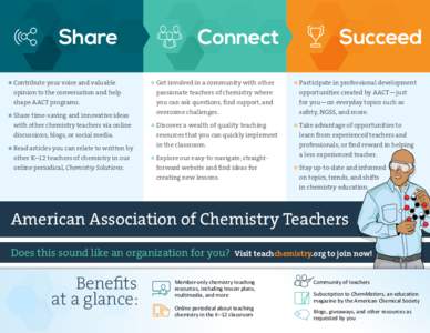 Share Contribute your voice and valuable opinion to the conversation and help shape AACT programs. Share time-saving and innovative ideas with other chemistry teachers via online