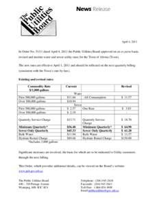 News Release  April 4, 2011 In Order No[removed]dated April 4, 2011 the Public Utilities Board approved on an ex parte basis, revised and interim water and sewer utility rates for the Town of Altona (Town).