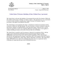 Embassy of the United States of America Algiers, Algeria For Immediate Release Press Release