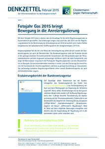 DENKZETTEL Februar 2015 Der Informationsdienst für die Energiewirtschaft SEITE 1 Fotojahr Gas 2015 bringt Bewegung in die Anreizregulierung