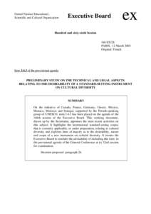 UNESCO. Executive Board; 166th; Preliminary study on the technical and legal aspects relating to the desirability of a standard-setting instrument on cultural diversity; 2003