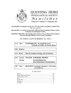 QUESTING HEIRS GENEALOGICAL SOCIETY N e w s l e tt e r  Volume 44  Number 9  September 2011