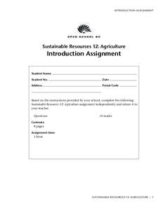 INTRODUCTION ASSIGNMENT  Sustainable Resources 12: Agriculture Introduction Assignment Student Name