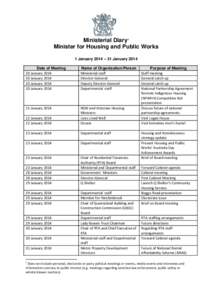 Ministerial Diary1 Minister for Housing and Public Works 1 January 2014 – 31 January 2014 Date of Meeting 20 January[removed]January 2014