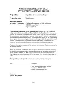 NOTICE OF PREPARATION OF AN ENVIRONMENTAL IMPACT REPORT Project Title: Napa Plant Site Restoration Project