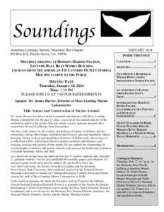 Soundings American Cetacean Society- Monterey Bay Chapter PO Box H E, Pacific Grove, CAMONTHLY MEETING AT HOPKINS MARINE STATION, LECTURE HALL BOAT WORKS BUILDING