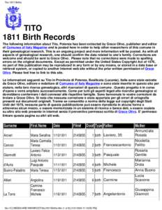 Tito 1811 Births  TITO 1811 Birth Records The following information about Tito, Potenza has been extracted by Grace Olivo, publisher and editor of Comunes of Italy Magazine and is posted here in order to help other resea
