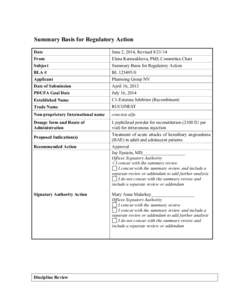 Summary Basis of Regulatory Action Template Version 2.0 Effective Date: April 6, 2009