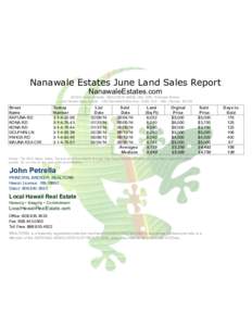 Nanawale Estates June Land Sales Report NanawaleEstates.com ©2014 John Petrella, REALTOR® ABR® GRI, SFR, Principal Broker Local Hawaii Real EstateKamehameha Ave, SuiteHilo, Hawaii 96720