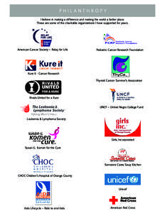PHILANTHROPY I believe in making a difference and making the world a better place. These are some of the charitable organizations I have supported for years. American Cancer Society – Relay for Life