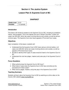 Page |1  Section 4: The Justice System Lesson Plan 8: Supreme Court of BC  SNAPSHOT