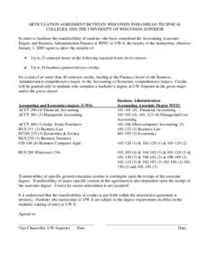 ARTICULATION AGREEMENT BETWEEN WISCONSIN INDIANHEAD TECHNICAL COLLEGES AND THE UNIVERSITY OF WISCONSIN-SUPERIOR In order to facilitate the transferability of students who have completed the Accounting Associate Degree an