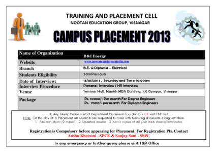 TRAINING AND PLACEMENT CELL NOOTAN EDUCATION GROUP, VISNAGAR Name of Organization Website Branch