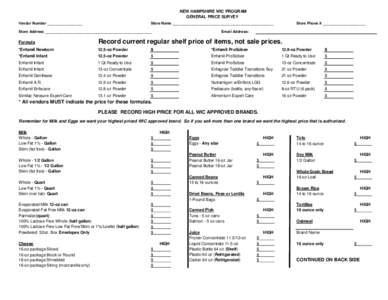 NEW HAMPSHIRE WIC PROGRAM GENERAL PRICE SURVEY Vendor Number _________________ Store Name _________________________________________________