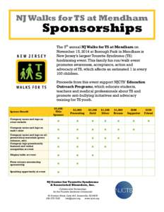 NJ Walks for TS at Mendham  Sponsorships The 5th annual NJ Walks for TS at Mendham on November 15, 2014 at Borough Park in Mendham is