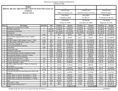 Township of Livingston Engineering Department Summary of Bids Project BID NO: [removed]RECONSTRUCTION OF WEST MCCLELLAN AVENUE