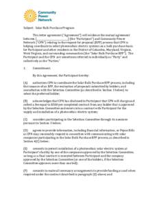   	
   Subject:	
  	
  Solar	
  Bulk	
  Purchase	
  Program	
     	
   This	
  letter	
  agreement	
  (“Agreement”)	
  will	
  evidence	
  the	
  mutual	
  agreement	
  