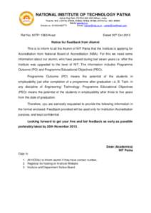 NATIONAL INSTITUTE OF TECHNOLOGY PATNA Ashok Raj Path, PATNA[removed]Bihar), India Phone No.: 0612 – [removed], [removed], [removed], [removed], [removed], [removed]Fax – [removed]Website: www.nitp.ac.in
