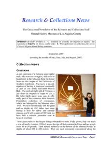 Research & Collections News The Occasional Newsletter of the Research and Collections Staff Natural History Museum of Los Angeles County re•search (rī-sûrch′, rē′sûrch) n. 1. Scholarly or scientific investigati