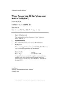 Australian Capital Territory  Water Resources (Driller’s Licence) Notice[removed]No 2) Register No E18-06