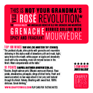 TOP 100 wines TONY LOVE (THE ADVERTISER TOP 100 WINES)  “The prettiest of pale, shiny pinks with grenache and mourvèdre delivering in this style a waft of strawberry pith and musk, tight, spicy lines in the mouth, whi