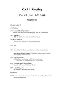 CARA Meeting Črni Vrh, June 19-20, 2004 Programme Saturday, June[removed]: Welcome 11.15: Antonio Milani, Gyula Szabo: